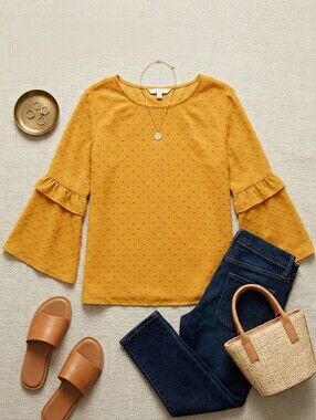 ​Banana Republic Mustard Yellow Swiss Dot Bell Sleeve Top | Size Large |